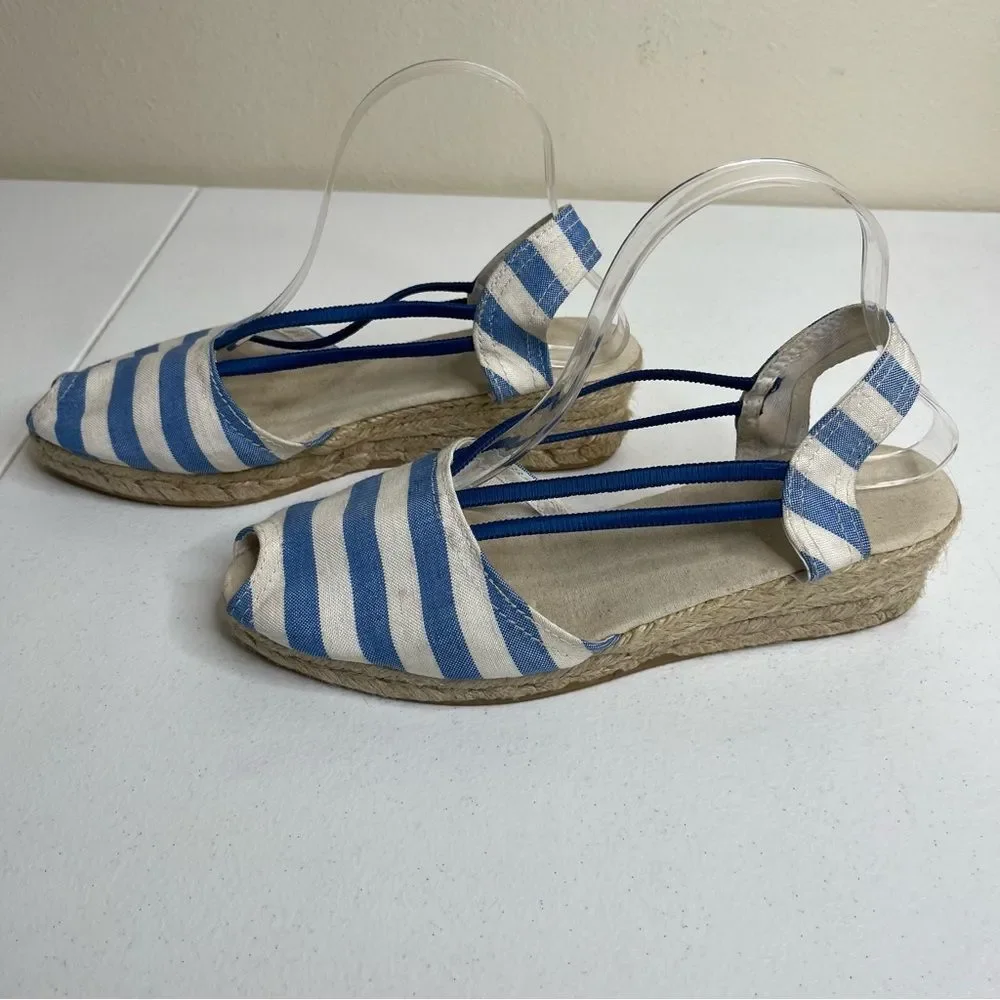 Chicos Jessa Blue White Striped Espadrille Wedge Open Toe Sandal Women Size 11
